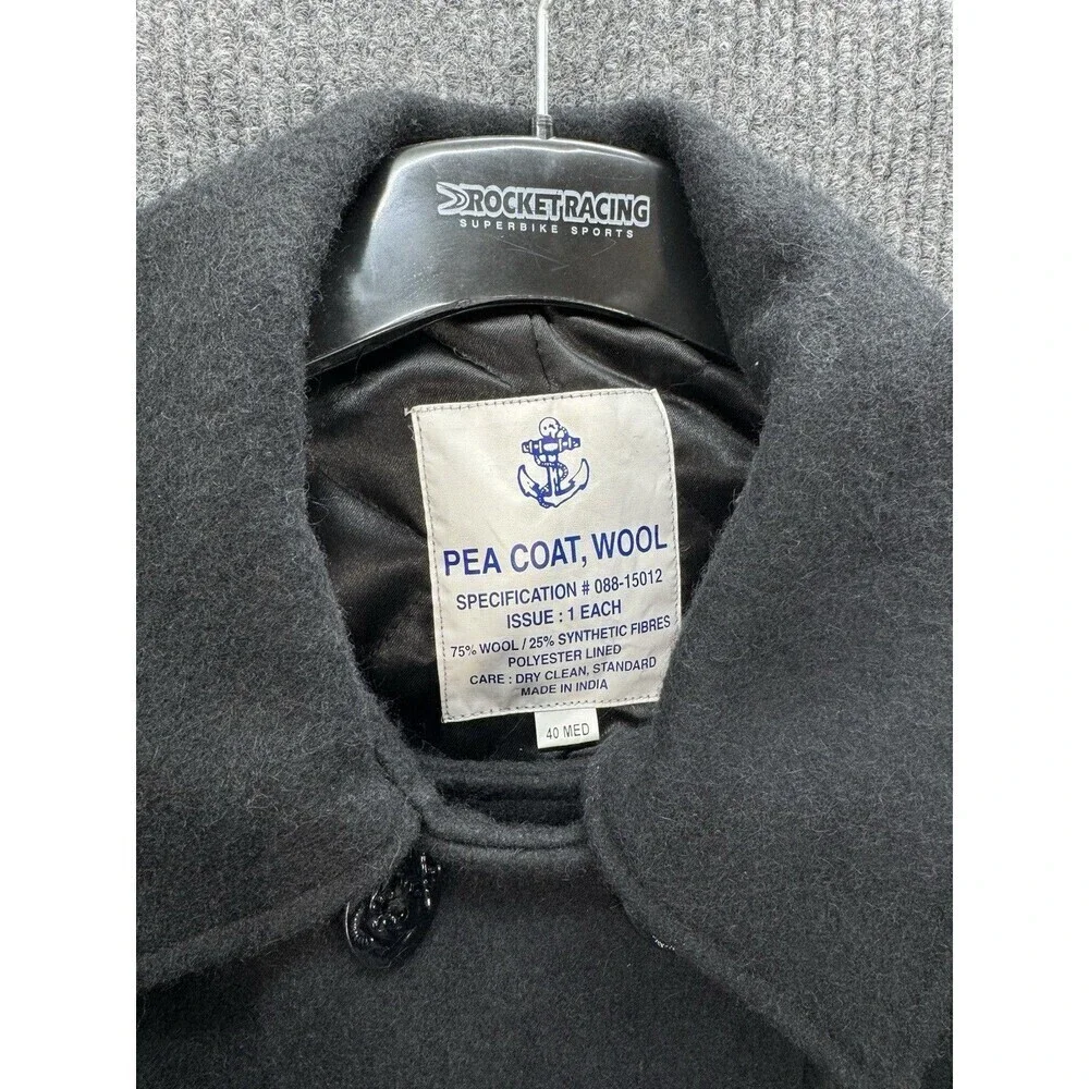 US Navy Wool Pea Coat Jacket Mens 40 Medium Black Anchor Buttons Military Issue
